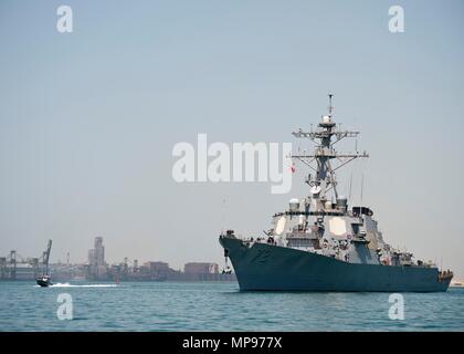 The U.S. Navy Arleigh Burke-class guided-missile destroyer USS Mahan departs the Naval Support Activity Bahrain September 15, 2014 in Manama, Bahrain.   (photo by Steve Smith via Planetpix) Stock Photo