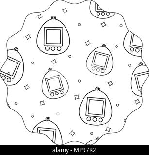 circular frame with tamagotchi pattern over white background, vector illustration Stock Vector
