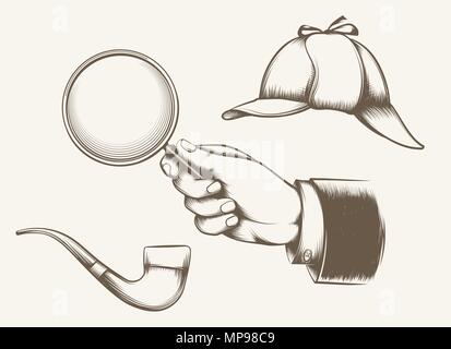 Vintage detective elements. Hand with magnifying glass, smoking pipe and hat inspired by sir Arthur Conan Doyle novels hand drawn vector illustration Stock Vector