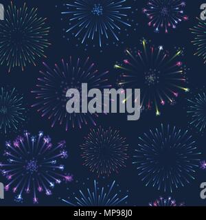 Seamless firework pattern, salute on dark background, vector celebratory gunfire Stock Vector