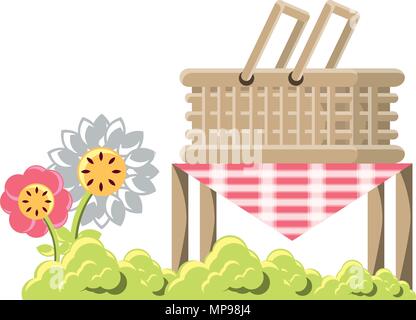 table with picnic basket and decorative flowers over white background, vector illustration Stock Vector
