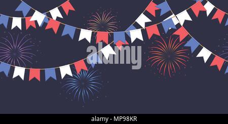 Seamless garland with celebration flags chain, white, blue, red pennons and salute on dark background, footer and banner fireworks Stock Vector