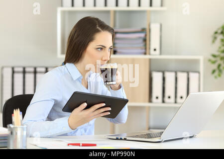 Office worker working and drinking coffee looking away Stock Photo