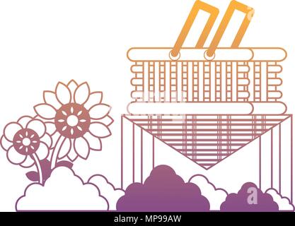 table with picnic basket and decorative flowers over white background, vector illustration Stock Vector