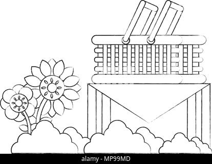 table with picnic basket and decorative flowers over white background, vector illustration Stock Vector