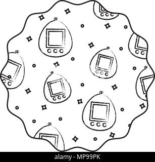 circular frame with tamagotchi pattern over white background, vector illustration Stock Vector