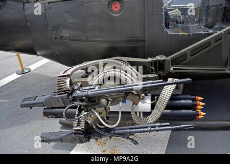 UH-1 Huey Gunship armament on flight deck of the USS Midway