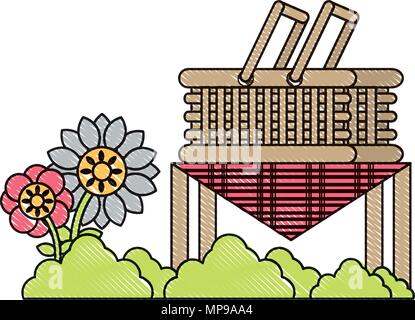 table with picnic basket and decorative flowers over white background, vector illustration Stock Vector