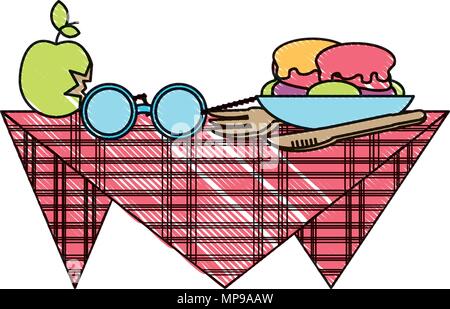 picnic design with tablecloth with food and fruits over white background, vector illustration Stock Vector