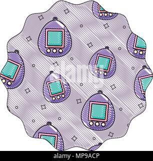 circular frame with tamagotchi pattern over white background, vector illustration Stock Vector