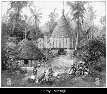 Engraving of a Native village, New Caledonia. From the Picturesque Atlas of Australasia Vol 3, 1886 Stock Photo