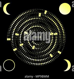Lunar phase calendar on a dark background. Moon calendar 2018 Stock Vector