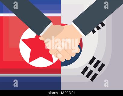 north korea and south korea flags and handshake symbolizes a peace talks, vector illustration Stock Vector