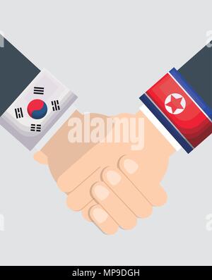 New hopeful friendship of North Korea and South Korea. Vector icon of handshake symbolizes a peace talks. sign of two hands of leaders. Sleeves are decorated by flags of East Asian countries. Stock Vector