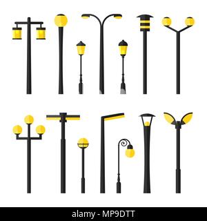 Flat urban road, street and park lamp set Stock Vector