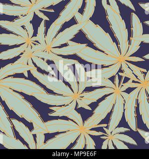 Seamless vector pattern with yellow path marijuana leaves on deep blue Stock Vector
