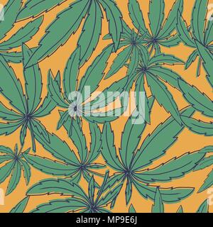 Seamless vector pattern with marijuana leaves on yellow Stock Vector