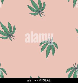 Seamless vector pattern with green marijuana leaves on pink Stock Vector