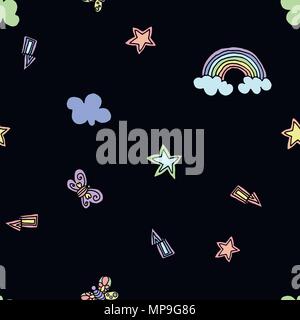 Seamless pattern with rainbow, stars, flash, lightning and butterfly on black background. Vector illustration. Typography design elements Stock Vector