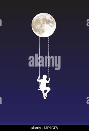 boy on a swing at moonlight vector illustration Stock Vector