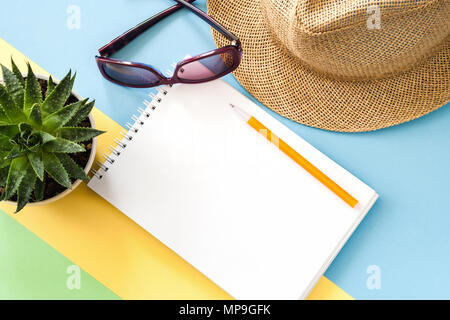Flat lay composition with notepad, succulent, glasses and hat on colored background. Stock Photo
