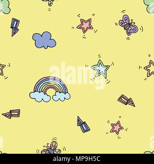 Seamless pattern with rainbow, stars, flash, lightning and butterfly on yellow background. Vector illustration. Typography design elements Stock Vector