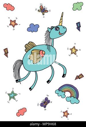 Vector collection of cute unicorns, rainbow, butterfly, stars, magic wand. Adorable animal graphic set. Magical design elements isolated in white back Stock Vector