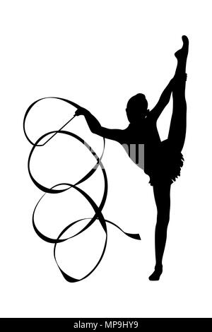 girl gymnast exercise with ribbon in vertical split black silhouette Stock Photo
