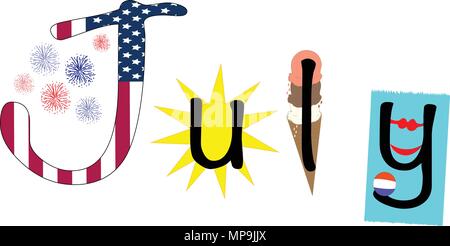 July illustrated with American flag, fireworks, sun, ice cream cone , beach towel and ball with bikini. Stock Vector