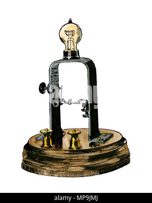 Edison's first electric lamp. Hand-colored woodcut Stock Photo