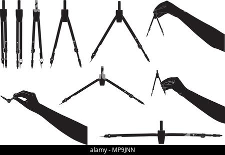 Set of different drawing compasses isolated on white Stock Vector
