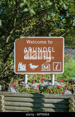 A welcome to Arundel brown road sign at Arundel in West Sussex, UK. Stock Photo