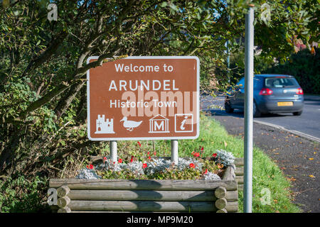 A welcome to Arundel brown road sign at Arundel in West Sussex, UK. Stock Photo