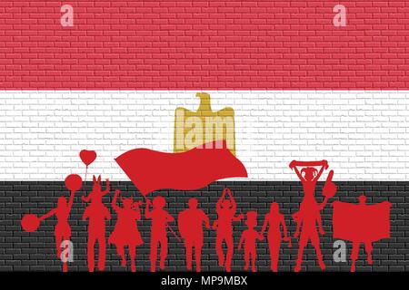 Egyptian supporter silhouette in front of brick wall with Egypt flag. All the objects, silhouettes and the brick wall are in different layers. Stock Vector
