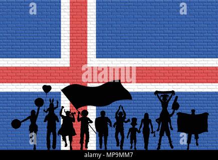 Icelander supporter silhouette in front of brick wall with Iceland flag. All the objects, silhouettes and the brick wall are in different layers. Stock Vector