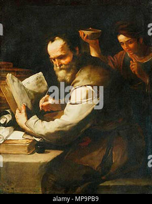 English: Xanthippe pours water over Socrates  1660s.   829 Luca Giordano - Xanthippe schuettet Sokrates Wasser in den Kragen Stock Photo