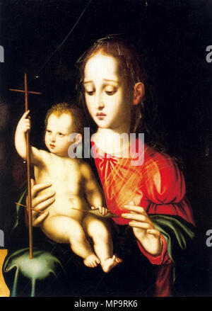 La Virgen de la Rueca.  Español: La obra representa a la Virgen María llevando en brazos a su hijo, el Niño Jesús. . Siglo XVI.   833 Luis de Morales 013 Stock Photo