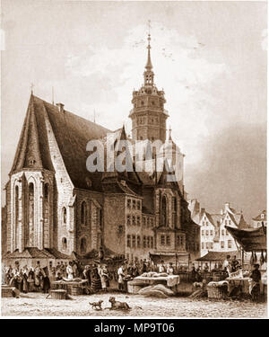 . Deutsch: Kolb, J.[oseph] M.[aximilian] (THIEME-BECKER Bd. 21, S. 224): Leipzig. Die Nicolaikirche. Stahlstich um 1850 nach L.[udwig] Rohbock (THIEME-BECKER Bd. 28, S. 542), Plattenrand 24,5 x 16,4 cm. English: St. Nicholas Church, Leipzig: Joseph Maximilian Kolb, steel engraving from an image by Ludwig Rohbock (1820-1883) . circa 1850; photograph 2007. Kolb, J.[oseph] M.[aximilian] 801 Leipzig Nikolaikirche um 1850 Stock Photo