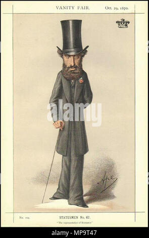 . Caricature of Edward Bulwer-Lytton, 1st Baron Lytton. Caption read 'The representative of Romance'. 1870.   Carlo Pellegrini  (1839–1889)     Alternative names Singe, Ape  Description Italian artist and caricaturist  Date of birth/death 25 March 1839 22 January 1889  Location of birth/death Capua London  Work location London  Authority control  : Q935877 VIAF: 91408204 ISNI: 0000 0001 1684 9584 ULAN: 500106277 LCCN: n94116782 NLA: 35070756 WorldCat 835 Edward Bulwer-Lytton Vanity Fair 29 October 1870 Stock Photo