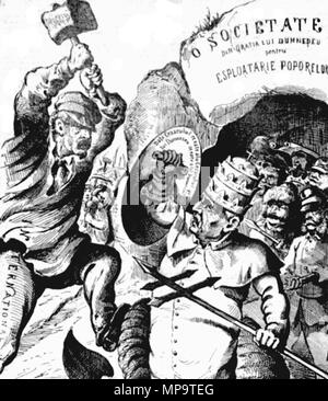 . English: CELE DIN URMA ACTE ALE ANTICEI COMEDII ('THE VERY LAST ACTS OF THE ANCIENT COMEDY'), anti-Catholic, anti-Protestant and anti-conservative cartoon published in the Romanian liberal magazine Ghimpele. Emerging from a cave (marked 'A Society Dei Gratia for the Exploitation of the Peoples'): Pope Pius IX, a half-dragon, armed with a sharpened patriarchal cross; Austro-Hungarian Emperor Francis Joseph, gun in hand; Russian Emperor Alexander II, holding up a spear; German Emperor Wilhelm I; other monarchs; a pastor, wearing a variety of the Saturno hat. The group is attacked by proletaria Stock Photo