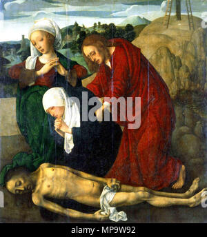 English: Lamentation of Christ   between circa 1475 and circa 1490.   841 Madrid Lamentation - Master of the Virgo inter Virgines Stock Photo
