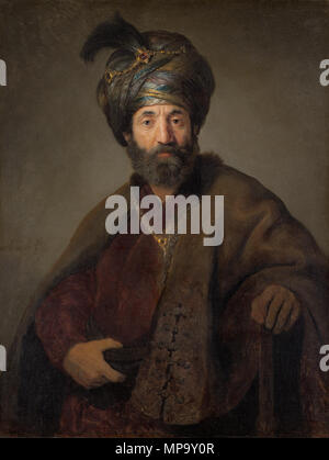 Painting; oil on linen; overall: 98.5 x 74.5 cm (38 3/4 x 29 5/16 in.) framed: 130.8 x 106 x 15.9 cm (51 1/2 x 41 3/4 x 6 1/4 in.);    .  English: Rembrandt van Rijn and Workshop (Probably Govaert Flinck) c 1635. In the collection of the National Gallery of Art, Washington, DC. Titled there:Man in Oriental Costume. . circa 1635. Govert Flink or Rembrandt 847 Man in Oriental Costume (2) Stock Photo