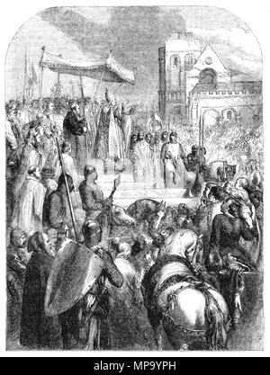 Pope Urban II preaching during Council of Clermont in 1095 for the First Crusade (1095–1099) to recapture the Holy Land. It was a military expedition to aid the Byzantine Empire, which had recently lost most of Anatolia to the Seljuq Turks. The resulting military expedition of primarily Frankish nobles, known as the Princes' Crusade not only re-captured Anatolia but went on to conquer the Holy Land (the Levant), which had fallen to Islamic expansion as early as in the 7th century, and culminated in July 1099 in the re-conquest of Jerusalem and the establishment of the Kingdom of Jerusalem. Stock Photo