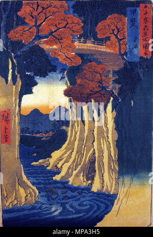 . English: Accession Number: 1985.27 Display Artist: Utagawa Hiroshige Display Title: 'Kai Province, Monkey Bridge' Translation(s): '(Kai, Saruhashi)' Series Title: Famous Views of the Sixty-odd Provinces Suite Name: Rokujuyoshu meisho zue Creation Date: 1853 Medium: Woodblock Height: 13 5/16 in. Width: 9 1/8 in. Display Dimensions: 13 5/16 in. x 9 1/8 in. (33.81 cm x 23.18 cm) Publisher: Koshimuraya Heisuke Credit Line: Donor unknown Collection: The San Diego Museum of Art . 20 December 2007, 13:24:03. English: thesandiegomuseumofartcollection 755 Kai Province, Monkey Bridge (5765353809) Stock Photo