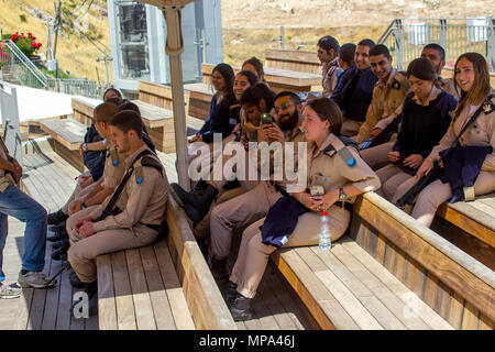 8 May 2018 A group of young Israeli conscript soldiers with weapons taking a guided tour of Hezekiah's Tunnel in the ancient City of Jerusalem Israel Stock Photo