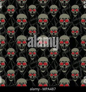 Skulls motif seamless graphic pattern design against black background. Stock Vector