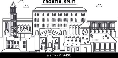 Croatia, Split line skyline vector illustration. Croatia, Split linear cityscape with famous landmarks, city sights, vector landscape.  Stock Vector