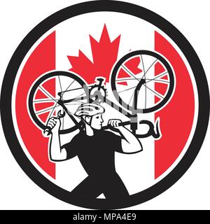 Icon retro style illustration of a Canadian bike mechanic lifting road bicycle with Canada maple leaf flag set inside circle on isolated background. Stock Vector