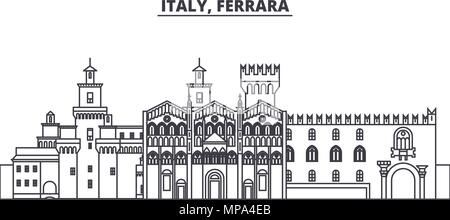 Italy, Ferrara line skyline vector illustration. Italy, Ferrara linear cityscape with famous landmarks, city sights, vector landscape.  Stock Vector
