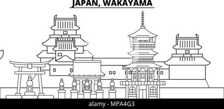 Japan, Wakayama line skyline vector illustration. Japan, Wakayama linear cityscape with famous landmarks, city sights, vector landscape.  Stock Vector